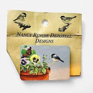 Artisan Hand Painted Yellow & Green Pin With Bird, Butterflies & Flowers.